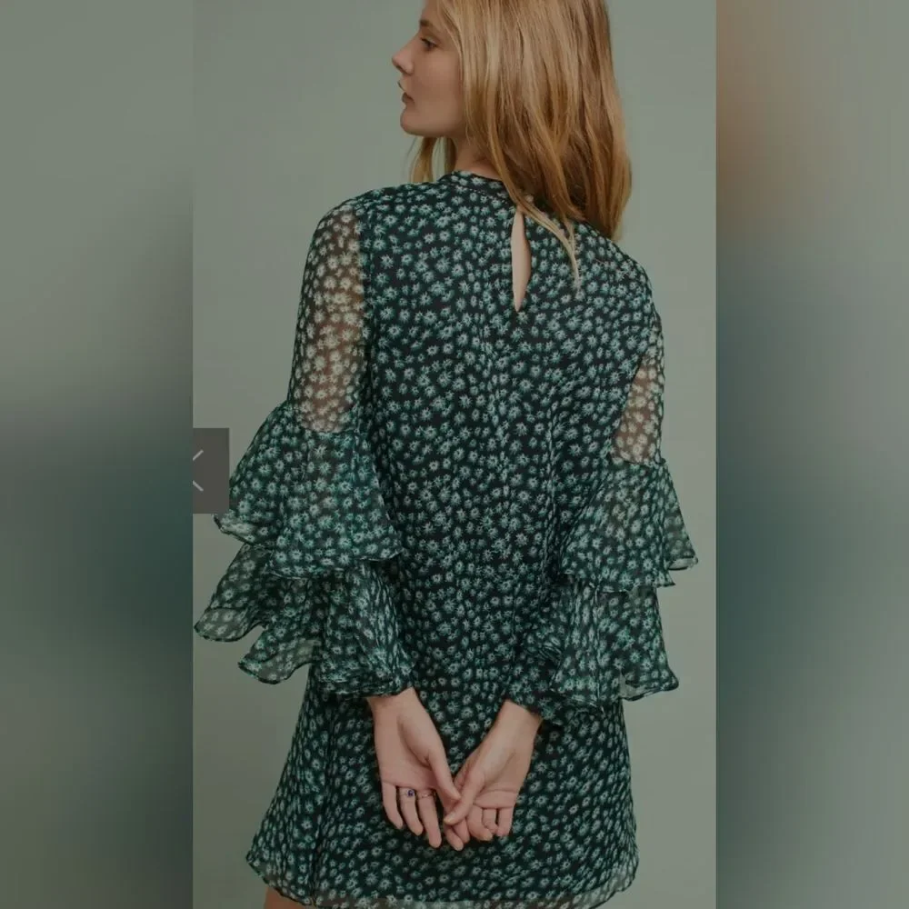 Floral Ruffle-Sleeve Shift Dress - Teal/Black - Picture 2 of 12